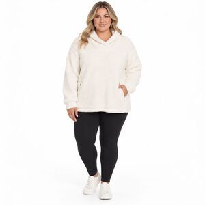 Freely Women's XL Ivory Sherpa Fleece Pullover Cowl Neck Zip Pockets Cozy